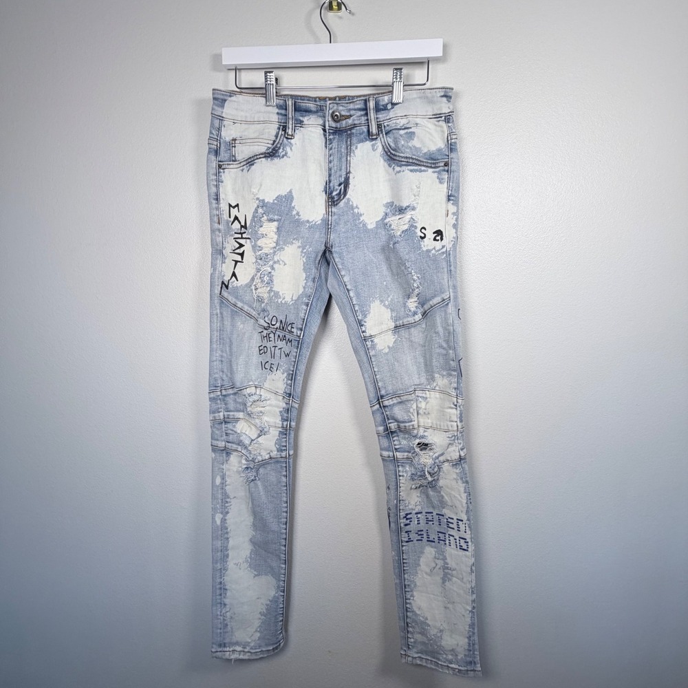 Crysp Denim Mens Distressed Graphic Moto‎ Skinny Light Wash Blue NYC Size 30